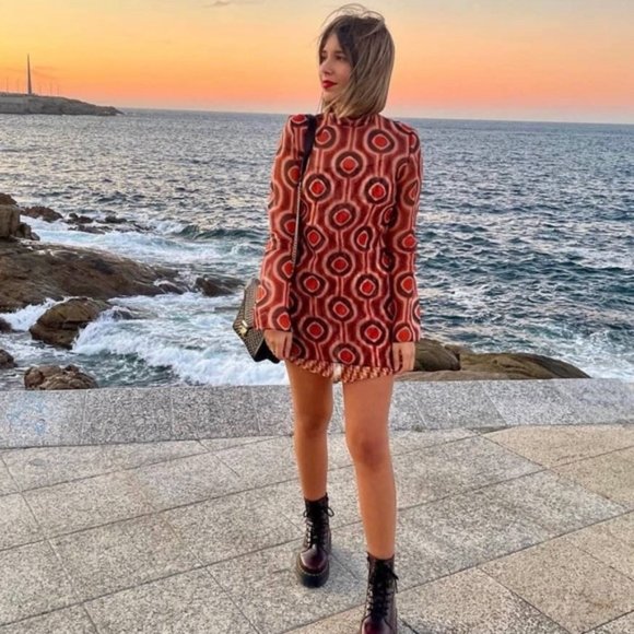 BLOGGER'S FAVE! Zara Printed Organza Mini Retro Dress Orange/Brown Sz XS NWT - Picture 4 of 17